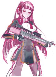 Rule 34 | 1girl, black skirt, breasts, bullpup, commentary, ema non, english commentary, expressionless, girls&#039; frontline, gloves, gun, hair ribbon, highres, holding, holding gun, holding weapon, jacket, large breasts, long hair, looking at viewer, necktie, pantyhose, purple hair, red eyes, red necktie, red ribbon, ribbon, rifle, scope, shirt, simple background, skirt, sniper rifle, solo, very long hair, wa2000 (girls&#039; frontline), walther, walther wa 2000, weapon, white background, white shirt
