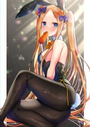 Rule 34 | 1girl, abigail williams (fate), akirannu, animal ears, ass, backlighting, bare shoulders, black bow, black leotard, blonde hair, blue eyes, blush, bow, breasts, brown pantyhose, carrot, detached collar, fake animal ears, fate/grand order, fate (series), fishnet pantyhose, fishnets, forehead, hair bow, highleg, highleg leotard, highres, leotard, light rays, long hair, looking at viewer, mouth hold, multiple bows, orange bow, pantyhose, parted bangs, playboy bunny, rabbit ears, rabbit tail, sitting, small breasts, solo, strapless, strapless leotard, tail, twintails