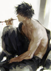 Rule 34 | 1boy, bare pectorals, bare shoulders, bishounen, black eyes, black hair, check copyright, collarbone, copyright request, fingernails, haban (haban35), highres, holding, holding smoking pipe, male focus, original, pectorals, smoking pipe, sitting, sketch, solo, torn, torn clothes