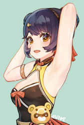 Rule 34 | 1girl, absurdres, arm up, armpits, bare shoulders, breasts, cleavage, double bun, genshin impact, guoba (genshin impact), hair bun, hair ornament, hairclip, highres, looking at viewer, open mouth, shiliuyexiaohei, sleeveless, small breasts, solo, sweat, upper body, xiangling (genshin impact), yellow eyes