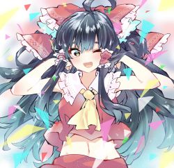 Rule 34 | 1girl, ahoge, ascot, black hair, blush, bow, collar, frilled bow, frilled collar, frills, hair tubes, hakurei reimu, large bow, long hair, looking at viewer, midriff, mikama, multicolored background, navel, one eye closed, open mouth, red bow, red skirt, red vest, sidelocks, skirt, skirt set, smile, solo, touhou, upper body, vest, whipping hair, yellow ascot, yellow eyes