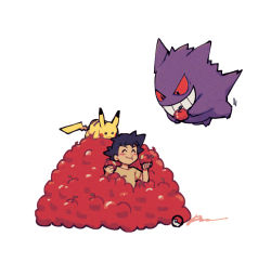 Rule 34 | 1boy, :t, ^ ^, apple, ash ketchum, black hair, blush, closed eyes, closed mouth, commentary request, creatures (company), eating, food, fruit, game freak, gen 1 pokemon, gengar, holding, holding food, holding fruit, male focus, nintendo, pikachu, poke ball, poke ball (basic), pokemon, pokemon (anime), pokemon journeys, sagemaru-br, shirt, short hair, short sleeves, signature, smile, white background
