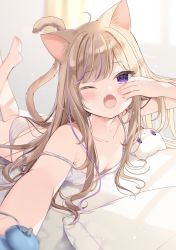 Rule 34 | 1girl, ;o, alarm clock, animal ear fluff, animal ears, bare arms, bare legs, bare shoulders, barefoot, bed sheet, blurry, blurry foreground, blush, breasts, brown hair, camisole, cat ears, cat girl, cat tail, clock, depth of field, downblouse, fang, grey camisole, grey panties, highres, legs up, leo (mafuyu), long hair, lying, mafuyu (chibi21), multicolored hair, no bra, on stomach, one eye closed, open mouth, original, outstretched arm, panties, pillow, purple eyes, purple hair, reaching, reaching towards viewer, small breasts, soles, solo, strap slip, streaked hair, striped clothes, striped panties, stuffed animal, stuffed cat, stuffed toy, tail, the pose, underwear, very long hair, waking up, yawning