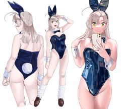 Rule 34 | 1girl, absurdres, animal ears, antenna hair, ass, blue bow, blue bowtie, blue leotard, bow, bowtie, brown footwear, cellphone, commentary request, cowboy shot, detached collar, from behind, full body, green eyes, grey hair, highres, kantai collection, kinugasa (kancolle), kinugasa kai ni (kancolle), leotard, loafers, loose socks, multiple views, ojipon, pantyhose, phone, playboy bunny, rabbit ears, rabbit tail, shiny clothes, shoes, simple background, socks, standing, strapless, strapless leotard, tail, white background, wrist cuffs