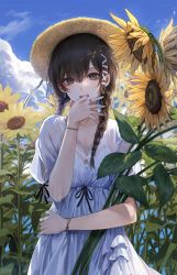 Rule 34 | 1girl, :d, artist name, black ribbon, blue sky, braid, brown hair, cloud, cloudy sky, collarbone, commentary, cowboy shot, day, dress, earrings, eyelashes, field, fingernails, flower, flower field, green eyes, hair between eyes, hair ornament, hairclip, hand up, hat, highres, holding, holding flower, jewelry, kim eb, lace, lace-trimmed dress, lace trim, long hair, looking at viewer, nail polish, open mouth, original, outdoors, pink nails, ribbon, ring, see-through, see-through sleeves, short sleeves, side braid, sky, sleeve ribbon, smile, solo, straw hat, summer, sun hat, sundress, sunflower, sunflower field, swept bangs, symbol-only commentary, teeth, tsurime, twin braids, white dress, wind, wristband, x hair ornament, yellow flower