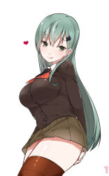 Rule 34 | 10s, 1girl, adapted costume, aqua eyes, aqua hair, artist name, breasts, brown skirt, brown thighhighs, buttons, covering privates, covering ass, eyebrows, from side, hair ornament, hairclip, heart, highres, jacket, kantai collection, large breasts, long hair, long sleeves, looking at viewer, mitsudoue, pencil skirt, pleated skirt, signature, simple background, skirt, solo, suzuya (kancolle), thighhighs, white background, zettai ryouiki