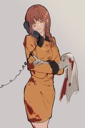Rule 34 | 1girl, blood, blood on face, blood on clothes, braid, brown hair, chainsaw man, dress, gloves, highres, long hair, makima (chainsaw man), null (skev7724), orange dress, pencil skirt, skirt, smile, tagme, yellow eyes