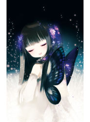 Rule 34 | 1girl, blunt bangs, bug, butterfly, butterfly wings, closed eyes, dress, eyelashes, female focus, flower, gradient background, insect, insect wings, original, puti devil, solo, wings