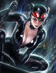 Rule 34 | 1girl, animal ears, artist name, batman (series), black hair, blue eyes, breasts, cat ears, catsuit, catwoman, choker, city, cityscape, cleavage, dc comics, deviantart username, fake animal ears, gloves, goggles, goggles on head, lipstick, makeup, night, night sky, rain, red lips, sakimichan, selina kyle, sky, smile, solo, squatting, watermark, web address, wet, whip, zipper
