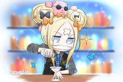 Rule 34 | 1girl, abigail williams (fate), alternate costume, animal, bartender, black bow, black vest, blonde hair, blue eyes, blurry, blurry background, bow, bug, butterfly, cocktail glass, collared shirt, commentary request, cup, depth of field, double bun, drink, drinking glass, fake facial hair, fake mustache, fate/grand order, fate (series), grey shirt, hair bow, hair bun, highres, holding, insect, james moriarty (archer) (fate), long sleeves, multiple hair bows, necktie, neon-tetora, on head, orange bow, pouring, shirt, simple background, solo, sparkle, stuffed animal, stuffed toy, sunglasses, teddy bear, upper body, vest, white necktie