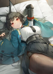 1girl animal_ear_fluff animal_ears aqua_jacket bed_sheet belt black_gloves black_hair black_skirt blunt_bangs blush braid breasts collared_shirt fingerless_gloves fox_ears fox_girl gloves grey_pantyhose high-waist_skirt highres hoshimi_miyabi izumi_kei jacket large_breasts long_hair long_sleeves looking_at_viewer lying necktie on_back pantyhose parted_lips pillow red_eyes shirt side_slit sidelocks skirt thighs white_shirt zenless_zone_zero