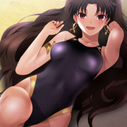 Rule 34 | 1girl, :d, armlet, armpits, bare arms, black one-piece swimsuit, breasts, brown hair, collarbone, competition swimsuit, earrings, fate/grand order, fate (series), hair intakes, highleg, highleg swimsuit, hoop earrings, ishtar (fate), jewelry, long hair, looking at viewer, lying, medium breasts, on back, one-piece swimsuit, open mouth, red eyes, smile, solo, sparkle, swimsuit, very long hair, yadokari genpachirou