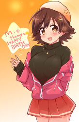 Rule 34 | 1girl, black sweater, blush, breasts, brown eyes, brown hair, hair ornament, happy birthday, highres, honda mio, idolmaster, idolmaster cinderella girls, jacket, jewelry, medium breasts, necklace, open clothes, open jacket, open mouth, partially unzipped, pink jacket, short hair, skirt, smile, solo, star (symbol), star necklace, sweater, tong (freedom2000), turtleneck, turtleneck sweater