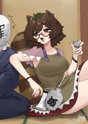 Rule 34 | 1boy, 1girl, :d, alcohol, animal ears, black kimono, blush, breasts, brown eyes, brown hair, brown shirt, brown skirt, cup, drunk, futatsuiwa mamizou, glasses, gourd, half-closed eyes, highres, holding, holding cup, indoors, japanese clothes, kimono, large breasts, leaf, leaf on head, on floor, open mouth, raccoon ears, raccoon girl, raccoon tail, shirt, short hair, short sleeves, signature, sitting, skirt, smile, solo focus, tail, touhou, wine, yomogi 0001