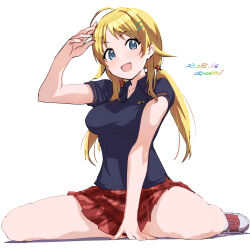 Rule 34 | 1girl, :d, ahoge, artist name, baba arumi, black shirt, blonde hair, blue eyes, breasts, collared shirt, commentary request, hachimiya meguru, hair ornament, hairclip, highres, idolmaster, idolmaster shiny colors, large breasts, long hair, looking at viewer, low twintails, open mouth, plaid, plaid skirt, red skirt, shirt, short sleeves, simple background, skirt, smile, solo, star (symbol), star hair ornament, twintails, white background