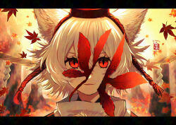 1girl animal_ears autumn_leaves falling_leaves hat highres inubashiri_momiji leaf looking_at_viewer maple_leaf outdoors parted_lips pom_pom_(clothes) red_eyes shirt solo soukou_(artist) sunset tassel tokin_hat touhou turtleneck white_hair white_shirt wolf_ears wolf_girl