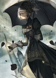 Rule 34 | 1girl, absurdres, animal ears, black dress, building, crying, crying with eyes open, dress, dutch angle, final fantasy, final fantasy xiv, fishnet gloves, fishnets, gloves, grey hair, hat, hide (hideout), highres, holding, holding umbrella, long sleeves, outdoors, petals, puffy long sleeves, puffy sleeves, rabbit ears, rain, red eyes, short hair, solo, tears, umbrella, warrior of light (ff14)