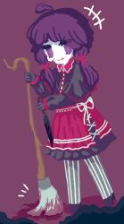 Rule 34 | +++, 1girl, :q, ahoge, alternate costume, black capelet, black dress, black footwear, black gloves, blood, blood stain, bloody knife, broom, capelet, chibi, closed mouth, colored skin, commentary request, dress, gloves, grey pantyhose, high heels, highres, holding, holding broom, holding knife, jitome, kanrei touko, knife, long sleeves, looking at viewer, overskirt, pantyhose, purple background, purple hair, red skirt, reverse grip, short hair with long locks, simple background, skirt, smile, solo, striped clothes, striped pantyhose, sweeping, tongue, tongue out, vertical-striped clothes, vertical-striped pantyhose, vocaloid, voiceroid, white skin, yuzuki yukari