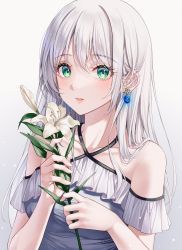 Rule 34 | 1girl, absurdres, bare shoulders, commentary, earrings, flower, green eyes, grey background, highres, holding, holding flower, jewelry, long hair, looking at viewer, nri, original, parted lips, solo, symbol-only commentary, white flower, white hair