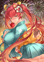 Rule 34 | 2girls, aerial fireworks, ahoge, arched back, arm between breasts, arms under breasts, ass, azur lane, between breasts, blue kimono, blush, breast lift, breasts, candy apple, covered erect nipples, cowboy shot, female focus, fireworks, flower, food, from behind, gluteal fold, hair flower, hair ornament, highres, holding, honolulu (azur lane), honolulu (among the stalls) (azur lane), japanese clothes, kimono, lantern, large breasts, licking, long hair, long sleeves, looking at viewer, looking back, multiple girls, obi, official alternate costume, outdoors, paper lantern, pout, red eyes, red hair, red ribbon, ribbon, sash, seasaidnow, short kimono, short yukata, solo focus, summer festival, tongue, tongue out, twilight, twintails, very long hair, wide sleeves, yukata