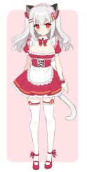 Rule 34 | 1girl, animal ears, apron, blush, bow, breasts, cat ears, cat girl, cat tail, cleavage, closed mouth, dress, food-themed hair ornament, frilled apron, frilled thighhighs, frills, grey hair, hair between eyes, hair ornament, hairclip, highres, large breasts, long hair, maid, maid headdress, original, pink background, pleated dress, puffy short sleeves, puffy sleeves, red bow, red dress, red eyes, red footwear, shikito (yawa0w0), shoes, short sleeves, solo, standing, strawberry hair ornament, tail, thighhighs, two-tone background, two side up, white apron, white background, white thighhighs, wrist cuffs