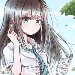 Rule 34 | 1girl, aqua eyes, bare arms, blue necktie, blue sky, breasts, brown hair, cellphone, closed mouth, collared shirt, day, earbuds, earphones, holding, holding phone, idolmaster, idolmaster cinderella girls, lowres, medium breasts, necktie, onyang, outdoors, phone, shibuya rin, shirt, sky, smartphone, solo, straight hair, striped necktie, striped neckwear, upper body, white shirt