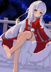 1girl absurdres anleewind barefoot blush clara_(honkai:_star_rail) feet highres honkai:_star_rail honkai_(series) long_hair looking_at_viewer red_eyes soles toes white_hair