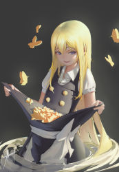 Rule 34 | 1girl, absurdres, alternate eye color, arpscell, blonde hair, blue eyes, bug, butterfly, eyebrows hidden by hair, grey background, hat, hat basket, unworn hat, unworn headwear, highres, holding, holding clothes, holding hat, insect, kirisame marisa, long hair, looking away, looking to the side, no headwear, no headwear, open mouth, simple background, smile, solo, teeth, touhou, upper teeth only, very long hair, witch hat