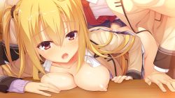 Rule 34 | 1girl, arihara nanami, blonde hair, blush, breasts, breasts out, censored, clothed sex, desk, doggystyle, game cg, long hair, medium breasts, nipples, open clothes, open mouth, puffy nipples, red eyes, riddle joker, school uniform, sex, sex from behind, twintails