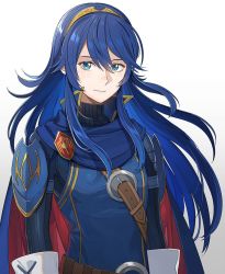Rule 34 | 1girl, armor, blue eyes, blue hair, blush, cape, falchion (fire emblem), fingerless gloves, fire emblem, fire emblem awakening, gloves, hair between eyes, highres, kyufe, long hair, looking at viewer, lucina (fire emblem), nintendo, simple background, smile, solo, sword, tiara, weapon