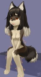 Rule 34 | 1girl, artist request, black hair, cold, dog, female focus, flat chest, furry, furry female, long hair, nose sneezing, solo, stress