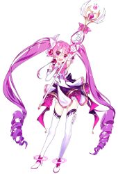 Rule 34 | 1girl, :d, aisha landar, arm up, armpits, boots, dress, drill hair, elsword, floating hair, full body, gloves, hair between eyes, head tilt, high heel boots, high heels, holding, holding staff, index finger raised, long hair, metamorphy (elsword), open mouth, oz sorcerer (elsword), pink eyes, pink hair, short dress, simple background, sleeveless, sleeveless dress, smile, solo, staff, standing, thigh boots, thighhighs, twin drills, twintails, very long hair, white background, white footwear, white gloves