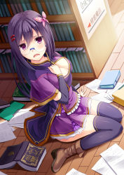 Rule 34 | 1girl, arm support, arm warmers, black thighhighs, blush, book, bookshelf, boots, bow, breasts, brown footwear, capelet, cleavage, clenched hand, dutch angle, elbow sleeve, frown, full body, glasses, hair bow, hair ornament, hairclip, indoors, library, long hair, looking at viewer, noe noel, open mouth, original, over-kneehighs, paper, pink bow, purple eyes, purple hair, rimless eyewear, sitting, skirt, skirt set, solo, tears, thighhighs, translation request, wariza