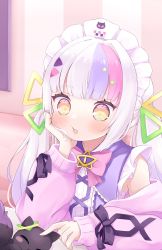 Rule 34 | 1girl, absurdres, black cat, black ribbon, blunt bangs, blush, cat, cocozasa, commentary request, hair ornament, highres, hololive, long hair, long sleeves, looking at another, maid headdress, multicolored hair, murasaki shion, murasaki shion (magical girl maid), open mouth, ribbon, silver hair, solo, twintails, upper body, virtual youtuber, yellow eyes