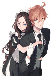 Rule 34 | 1boy, 1girl, ahoge, alternate costume, apron, black dress, black necktie, black pants, black suit, blue eyes, brown hair, butler, buttons, chaldea logo, closed mouth, commentary request, dress, fate/grand order, fate (series), forehead, formal, frills, gloves, green eyes, hair between eyes, hug, hug from behind, kodamazon, leonardo da vinci (fate), long hair, long sleeves, looking at viewer, maid, maid apron, maid headdress, necktie, orange hair, pants, parted lips, puffy sleeves, romani archaman, shirt, short sleeves, smile, suit, teeth, two-tone dress, upper body, waistcoat, white apron, white background, white gloves, white shirt