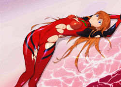 Rule 34 | 1girl, absurdres, arms behind head, blue eyes, bodysuit, breasts, covered navel, evangelion: 3.0+1.0 thrice upon a time, expressionless, hair down, hermityy, highres, long hair, looking at viewer, lying, medium breasts, neon genesis evangelion, orange hair, plugsuit, rebuild of evangelion, shiny clothes, shiny skin, skin tight, solo, souryuu asuka langley, torn bodysuit, torn clothes, very long hair, water, wet, wide hips