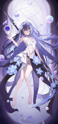 1girl absurdres bare_legs bare_shoulders barefoot blue_eyes blue_hair breasts cleavage dress feet flower flower_ornament full_body hair_flower hair_ornament highres holding holding_scythe honkai_(series) honkai_impact_3rd legs long_hair medium_breasts muyinxia parted_lips scythe seele_vollerei seele_vollerei_(herrscher_of_rebirth) solo teeth toes very_long_hair white_dress