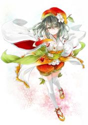 1girl bad_id bad_pixiv_id female_focus flower green_eyes hair_flower hair_ornament hat highres locadol_promotion long_hair looking_at_viewer original sandals smile solo standing thighhighs white_thighhighs yokiri zettai_ryouiki