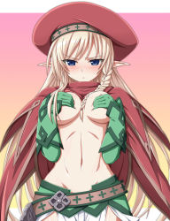 Rule 34 | 1girl, alleyne (queen&#039;s blade), alleyne (queen's blade), belt, blonde hair, blue eyes, blush, braid, breasts, cape, covering breasts, covering privates, deep skin, elf, fighting master alleyne, hat, highres, long hair, navel, parted lips, pointy ears, queen&#039;s blade, shirosame, single braid, skirt, solo, sweatdrop, topless