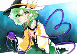 Rule 34 | 1girl, :d, black footwear, bow, collared shirt, commentary request, frilled shirt collar, frilled sleeves, frills, full body, green eyes, green hair, green skirt, hat, hat bow, heart, heart of string, highres, komeiji koishi, long sleeves, looking at viewer, medium hair, open mouth, qqqrinkappp, ribbon, seiza, shirt, sitting, skirt, smile, solo, third eye, touhou, traditional media, yellow ribbon, yellow shirt