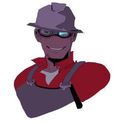 Rule 34 | 1boy, 22 (tak ja), bad id, bad tumblr id, engineer (tf2), goggles, hard hat, helmet, looking at viewer, male focus, no nose, overalls, red engineer (tf2), simple background, smile, solo, team fortress 2, upper body, white background