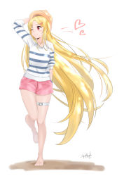 Rule 34 | 1girl, alternate costume, barefoot, blonde hair, blush, bracelet, casual, full body, hair ornament, hairclip, hand in pocket, hand on headwear, hat, heart, jewelry, konjiki no yami, long hair, looking to the side, murio, one eye closed, red eyes, shirt, shorts, simple background, smile, solo, spoken heart, standing, standing on one leg, striped clothes, striped shirt, thigh strap, to love-ru, very long hair, white background