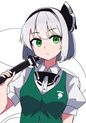 Rule 34 | 1girl, black bow, black bowtie, black hairband, black ribbon, bob cut, bow, bowtie, breasts, closed mouth, collared shirt, commentary request, green eyes, green vest, grey hair, hair ribbon, hairband, head tilt, highres, hitodama print, holding, holding sword, holding weapon, katana, konpaku youmu, konpaku youmu (ghost), kv-san, puffy short sleeves, puffy sleeves, ribbon, shirt, short hair, short sleeves, small breasts, solo, sword, touhou, upper body, vest, weapon, white shirt
