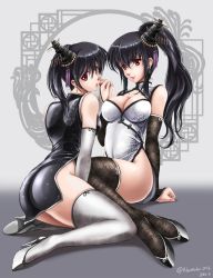 Rule 34 | 10s, 2girls, akatsuki akane, alternate hairstyle, arm support, ass, bare shoulders, black dress, black gloves, black hair, black legwear, breasts, bridal gauntlets, china dress, chinese clothes, cleavage, cleavage cutout, clothing cutout, detached sleeves, dress, from behind, fusou (kancolle), gloves, hair ornament, holding hands, high heels, interlocked fingers, kantai collection, large breasts, lipstick, long hair, makeup, multiple girls, no panties, ponytail, print legwear, red eyes, short dress, siblings, side ponytail, side slit, sidelocks, silver dress, silver legwear, sisters, sitting, thighhighs, thighs, yamashiro (kancolle)