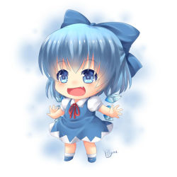 Rule 34 | 1girl, :d, blue eyes, blue hair, bow, chibi, cirno, fang, hair bow, hair ribbon, ice, ice wings, matching hair/eyes, open mouth, outstretched arms, ribbon, short hair, smile, solo, spread arms, touhou, villyane, wings