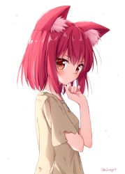 Rule 34 | 1girl, animal ear fluff, animal ears, bad id, bad pixiv id, blush, brown dress, brown eyes, closed mouth, commentary request, dress, hair between eyes, hand up, hoshino kagari, looking at viewer, looking to the side, original, red hair, short hair, short sleeves, simple background, solo, torn clothes, torn dress, twitter username, upper body, white background