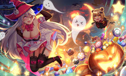 Rule 34 | 2girls, amputee, bat (animal), blonde hair, breasts, candy, cleavage, dress, food, ghost, grey hair, halloween, halloween bucket, hat, highres, large breasts, long hair, mi-a (tower of fantasy), multiple girls, night, official alternate costume, one eye closed, open mouth, outdoors, pink eyes, qi ye shao yan, star (symbol), tower of fantasy, wanderer (tower of fantasy), yellow eyes