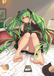 Rule 34 | 1girl, absurdres, alternate eye color, arm at side, arm support, barefoot, bed, black skirt, blurry, blurry background, blush, cameltoe, cellphone, closed mouth, detached sleeves, feet, foreshortening, green hair, hair ornament, hand on own cheek, hand on own face, hatsune miku, head tilt, headset, highres, indoors, legs, long hair, long sleeves, looking at viewer, necktie, on bed, panties, pantyshot, phone, pleated skirt, recursion, sitting, skirt, sleeveless, smartphone, smile, soles, solo, tattoo, toes, toy, twintails, underwear, vocaloid, white panties, xiao miao, yellow eyes