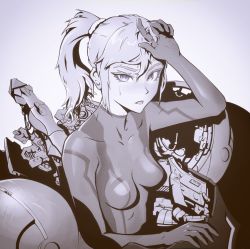 Rule 34 | 1girl, arm up, bodysuit, breasts, collarbone, commentary request, gloves, grey background, greyscale, hair between eyes, hair ornament, hair scrunchie, highres, lem, looking at viewer, medium hair, metroid, monochrome, nintendo, open mouth, ponytail, samus aran, scrunchie, simple background, sketch, skin tight, small breasts, solo, sweat, thick eyebrows, turtleneck, upper body, zero suit