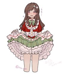 Rule 34 | 1girl, :o, antenna hair, averting eyes, bloomers, blush, bright pupils, brown hair, clothes lift, cropped legs, flying sweatdrops, frilled skirt, frills, full-face blush, hairband, highres, holding, holding clothes, holding skirt, idol, idolmaster, idolmaster cinderella girls, layered skirt, lifting own clothes, long hair, looking away, red eyes, simple background, skirt, skirt lift, solo, sweatdrop, tsujino akari, turu (turu 0280), twitter username, underwear, white background, white pupils